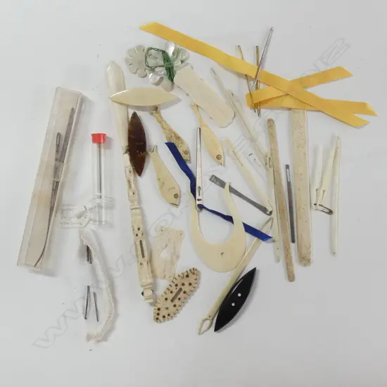 Collection of assorted bodkins, tating shuttles & silk winders.